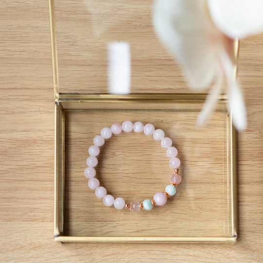 Quintesse™﻿ bracelets combine EMF protection with the healing qualities of rose quartz crystals | Orgone Effects Australia